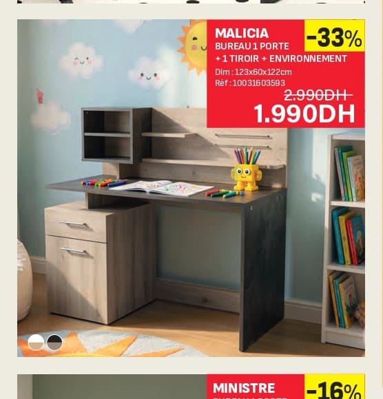 Kitea MALICIA Bureau 1 porte + 1 tiroir + environnement chez Kitea