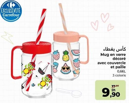 Carrefour Mug en verre décoré avec couvercle et paille chez Carrefour