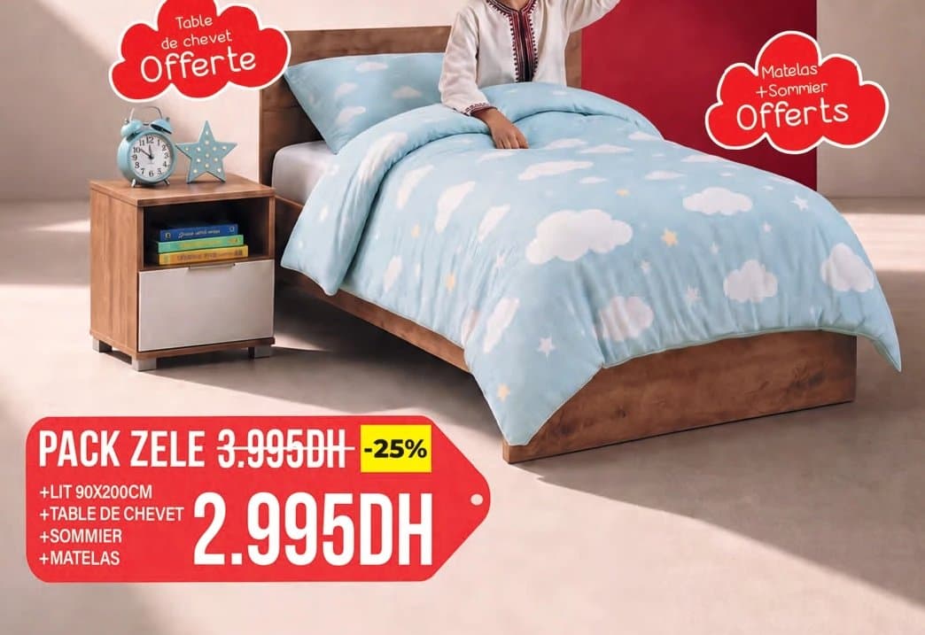 Kitea Pack Zele (Lit 90x200cm, Table de chevet, Sommier, Matelas)