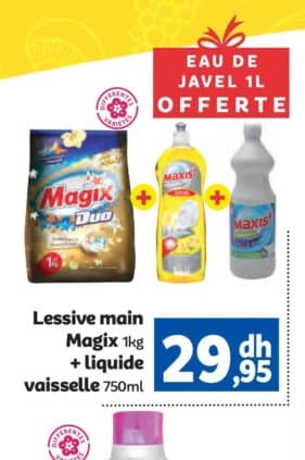 Marjane Lessive main Magix 1kg + liquide vaisselle 750ml + Eau de Javel 1L offerte