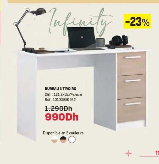 Kitea INFINITY Bureau 3 tiroirs chez Kitea