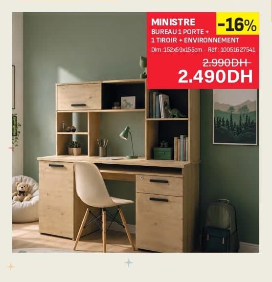 Kitea MINISTRE Bureau 1 porte + 1 tiroir + environnement chez Kitea