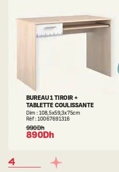 Kitea Bureau 1 tiroir + tablette coulissante CHARLY 108,5x59,3x75cm chez Kitea