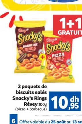 Marjane 2 paquets de biscuits salés Snacky's Rings Révey 100g (pizza + barbecue)