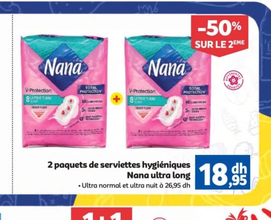 Marjane 2 paquets de serviettes hygiéniques Nana ultra long chez Marjane