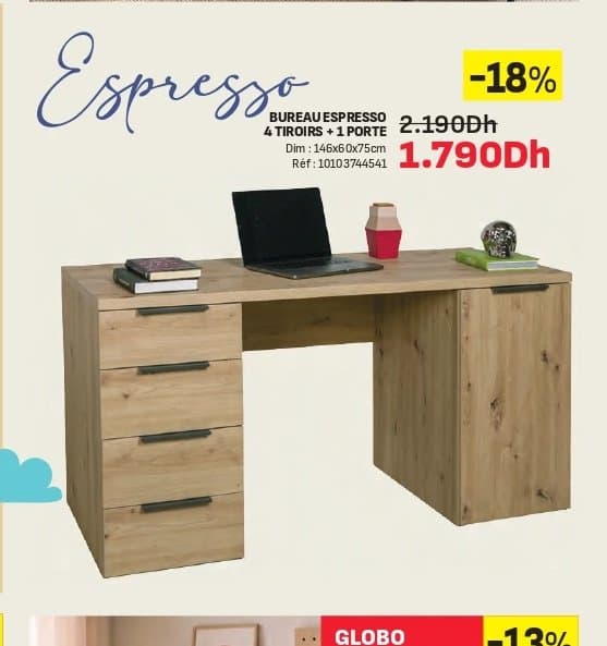 Kitea BUREAU ESPRESSO 4 TIROIRS + 1 PORTE chez Kitea