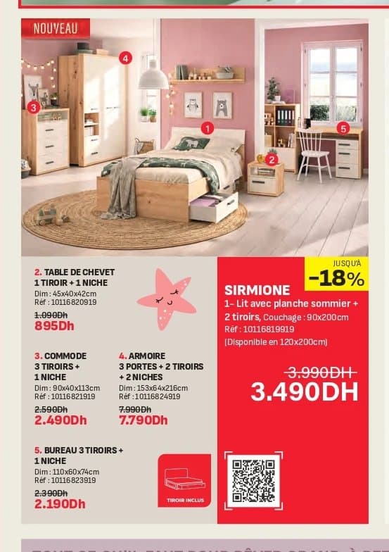 Kitea Lit SIRMIONE avec planche sommier + 2 tiroirs, 90x200cm chez Kitea