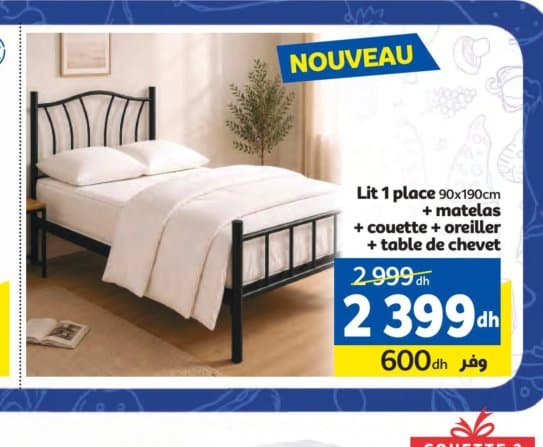 Marjane Lit 1 place 90x190cm + matelas + couette + oreiller + table de chevet chez Marjane